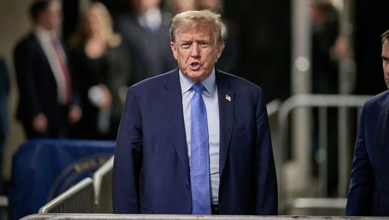 FILE - Former U.S. President Donald Trump speaks to the media at the end of the day during his trial for allegedly covering up hush money payments at Manhattan Criminal Court on April 26, 2024, in New York City. (Photo by Curtis Means-Pool/Getty Images)