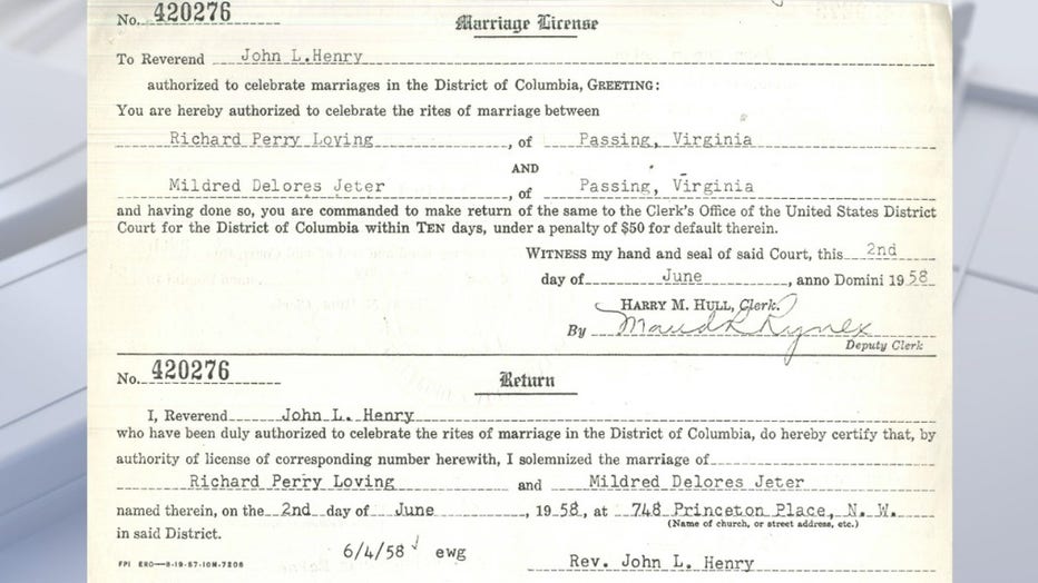 FILE - Marriage license of Richard and Mildred loving. CREDIT: National Archives