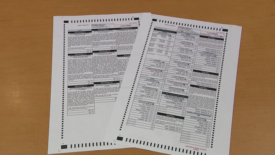 A look at a sample two page ballot that is similar to the one that some voters will vote on during the November 2024 general election in Arizona.