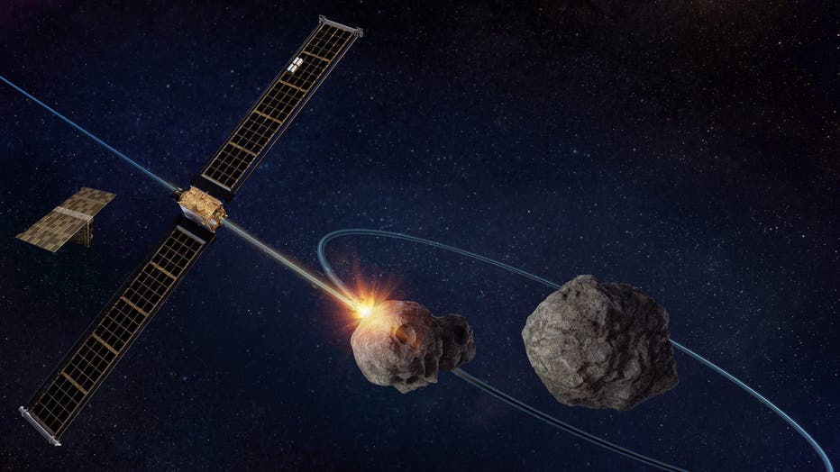 Artist reproduction of NASA Double Asteroid Redirection Test (DART) Rum Probe approaching Asteroiddididymos and its minor-planet-moon dimorphos. (Illustration of Nicholas Forser/Future Publishing Via Getty Images)