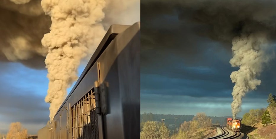Train catches fire in Flagstaff, sends large plume of smoke into air