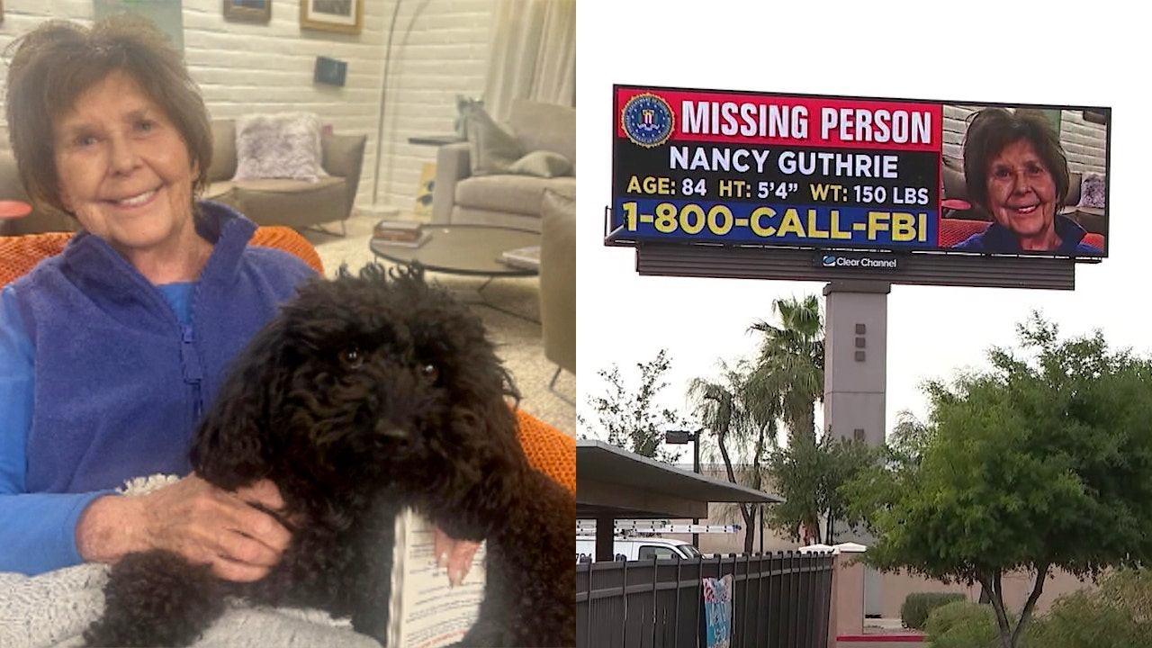 Missing person billboard for Nancy Guthrie alongside her photo as search continues in Arizona