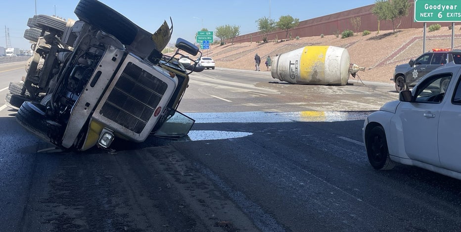 Cement truck rolls over on I-10, spilling material onto the freeway