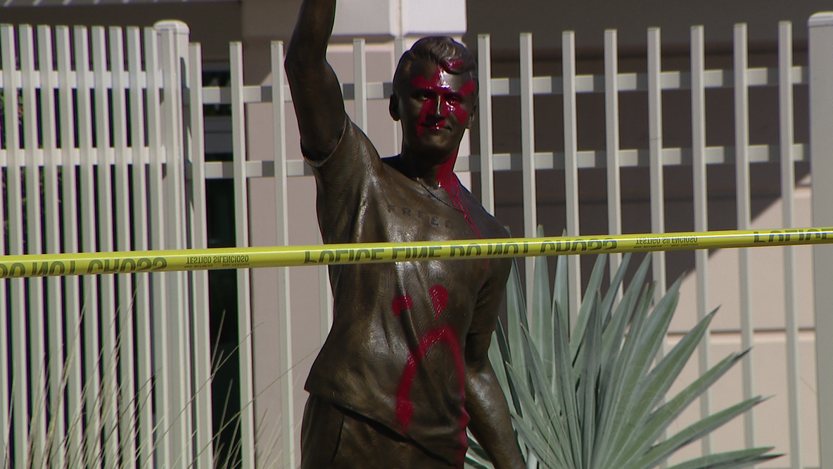 Charlie Kirk memorial statue vandalized at TPUSA headquarters with red spray paint