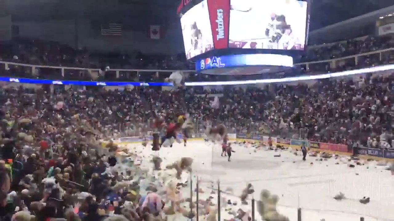 Epic teddy bear toss at hockey game breaks record