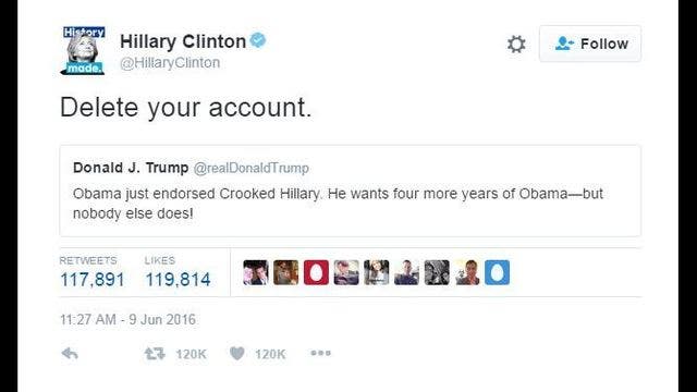Hillary Clinton tweets Donald Trump: Delete Your Account
