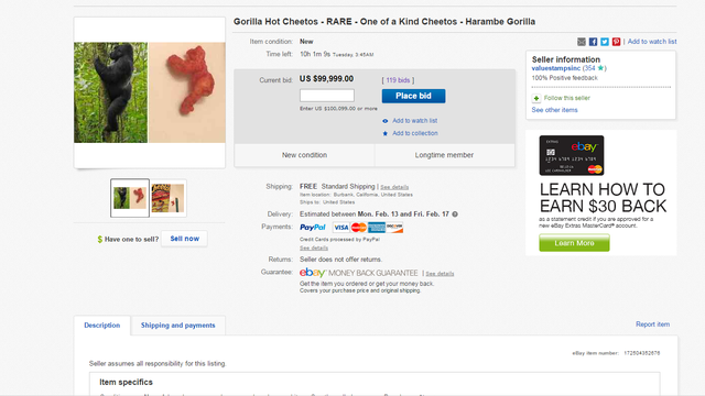 Harambe shaped Cheeto selling on Ebay for almost $100,000