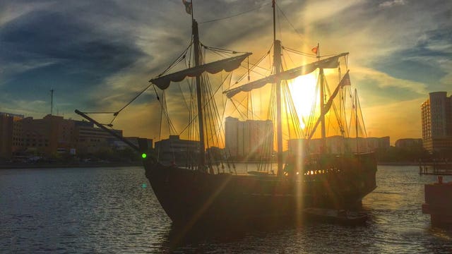 Replicas of Columbus' ships docking at Tampa Convention Center