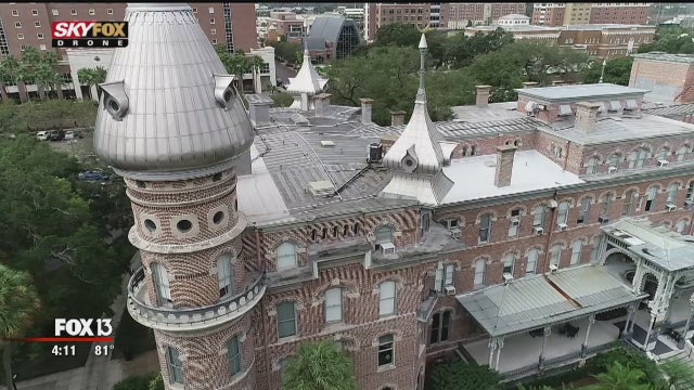 Above Plant Hall's iconic minarets and moons