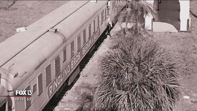 Ringling Bros. rail cars on display at Williston farm
