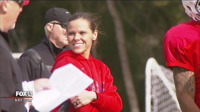 Coach Katie Sowers works with NFL icons in East-West Shrine Game