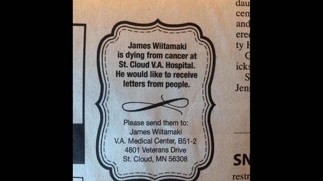 Minnesota veteran with cancer asks for letters in ad