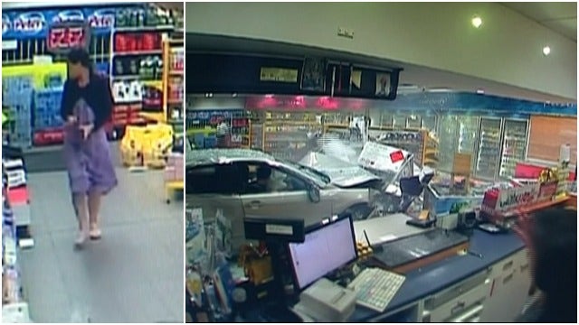 WATCH: Car Crashes into Gas Station and Narrowly Misses Woman