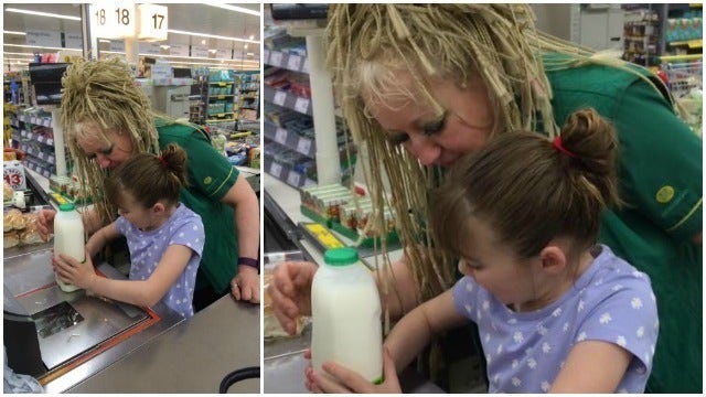 Grocery store clerk calms blind girl with autism