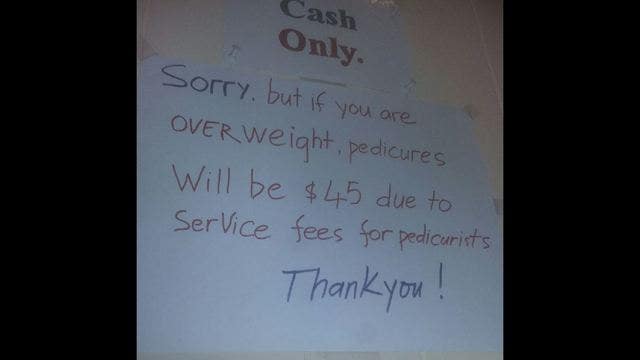Alleged nail salon sign aimed at overweight customers stirs anger