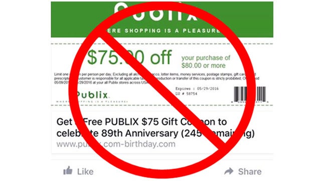 $75 Publix coupon on social media is a fake