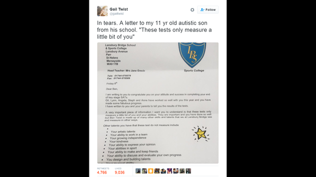 Teacher sends boy with autism touching letter after failing exams