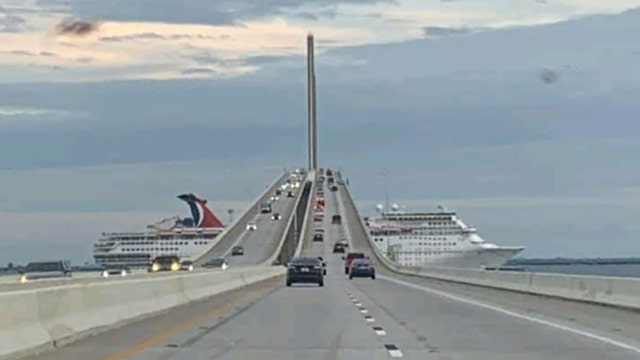 Great timing: passenger in car captures shot of cruise ship sailing under Sunshine Skyway