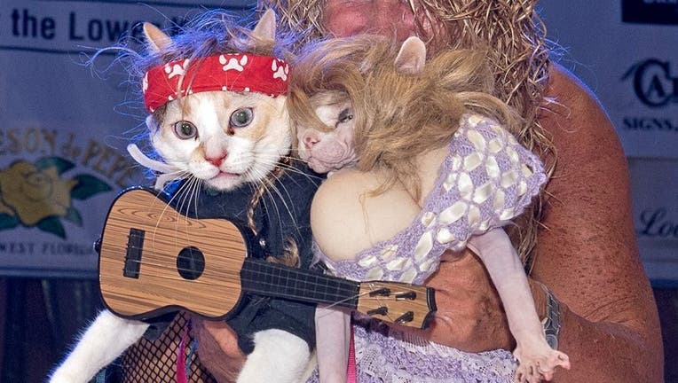 Diana Benton shows off her two cats dressed as country superstars Willie Nelson and Dolly Parton during the Fantasy Fest Pet Masquerade.