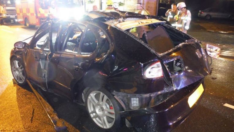 A car exploded in England on Saturday after the driver sprayed air freshener inside before lighting a cigarette, officials said. (West Yorkshire Fire and Rescue Service)