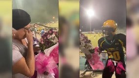 Pensacola football player leaves team celebration to give flowers to grandmother in the stands