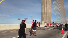 Northbound Sunshine Skyway Bridge, fishing piers closed Sunday morning for 10K race