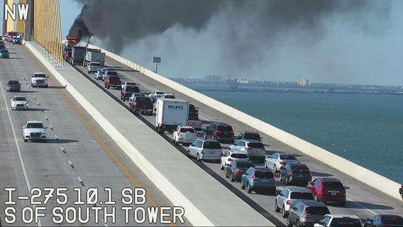 Burning vehicle atop Sunshine Skyway Bridge blocks traffic