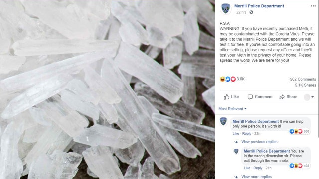 Wisconsin police department offers to test meth "contaminated" with the coronavirus