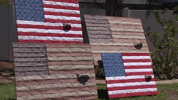 Patriotic artwork honors firefighters using repurposed fire hose