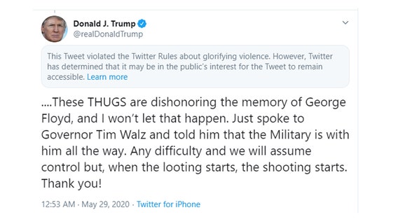 Twitter adds warning label to Trump's tweet for 'glorifying violence'