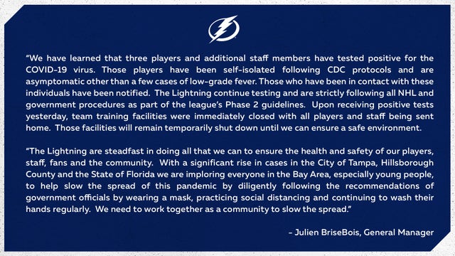 Tampa Bay Lightning players, staff test positive for COVID-19