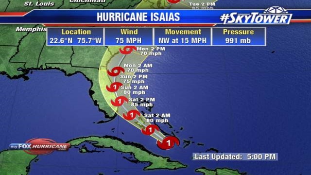 Hurricane warning issued for portion of Florida's east coast as Isaias' track shifts slightly west