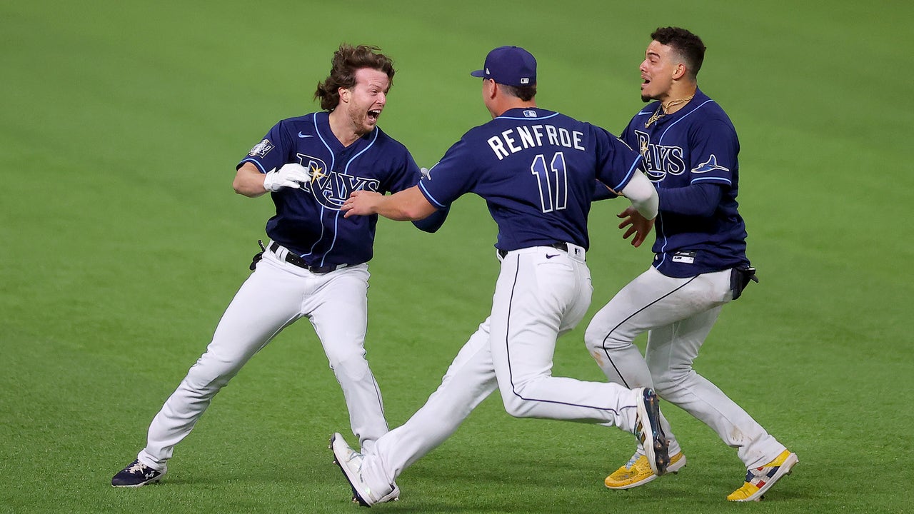 Brett Phillips of the Tampa Bay Rays celebrates after hitting a