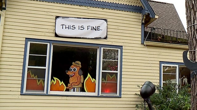 Homeowner recreates 'This is fine' meme for Halloween decoration that's 'perfect' for 2020