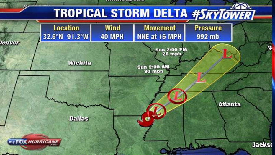 Tropical Storm Delta path