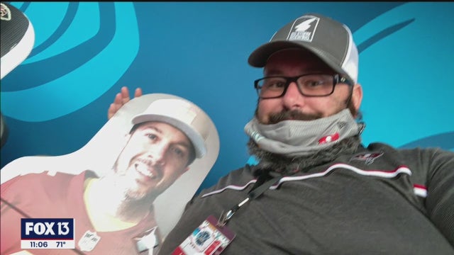 Bucs fan launches social media search for Chiefs fan on cardboard cutout at Super Bowl