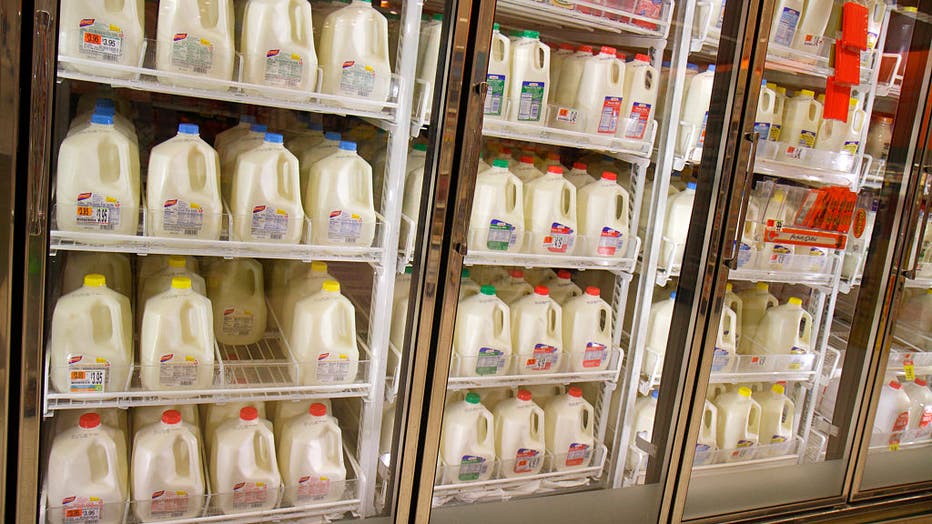 Dairy products display inside Shaw's grocery store.