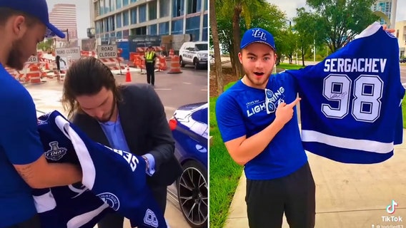 Lightning’s Sergachev stops to sign fan’s jersey outside Amalie Arena
