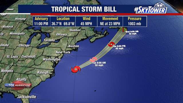 Tropical Storm Bill forms off coast of North Carolina, on 'fast path' away from U.S.