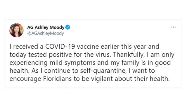 Florida AG Ashley Moody tests positive for COVID-19, despite vaccine