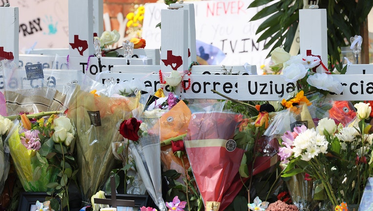 A memorial for victims of the mass shooting at Robb Elementary School is seen on May 27, 2022 in Uvalde, Texas.