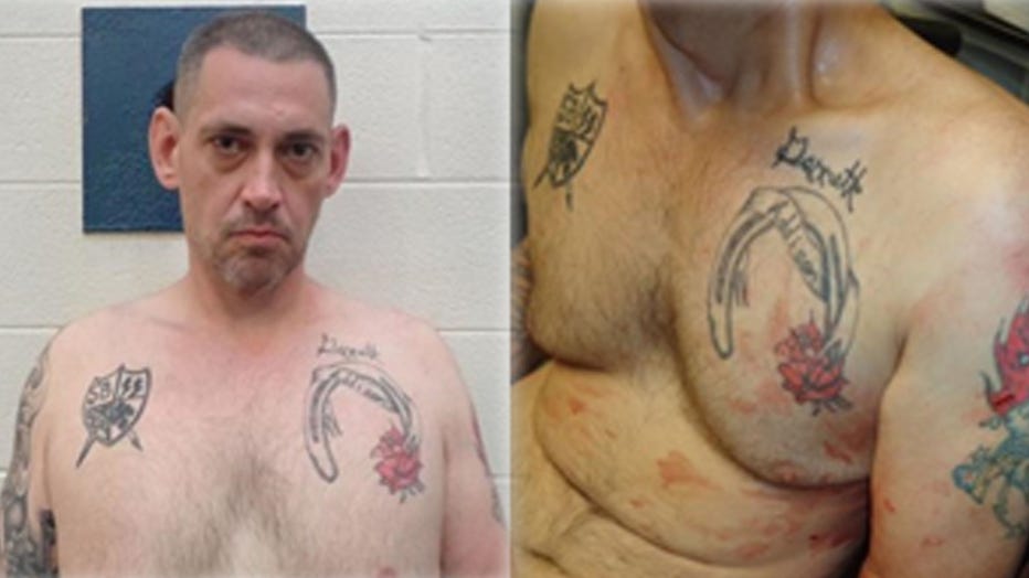 Casey White has numerous tattoos, including some affiliated with the Alabama-based white supremacist prison gang Southern Brotherhood, US Marshals said. (Credit: Provided / U.S. Marshals)