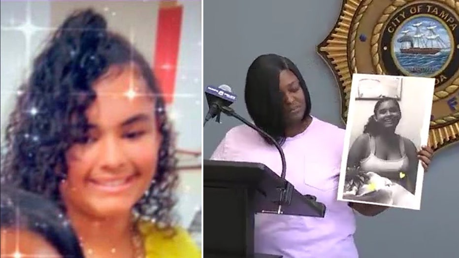 Left: Photo of Nilexia Alexander, Right: Nilexia's mother holds her photo during press conference