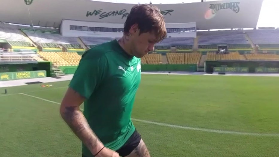 St. Petersburg, United States. 19th Mar, 2022. St. Petersburg, FL. USA; Tampa  Bay Rowdies forward Jake LaCava (19) shoots on goal during pregame warmups  prior to a USL soccer game against the