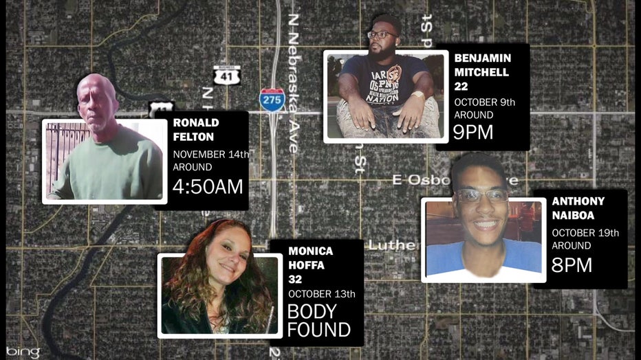 Accused Seminole Heights serial killer victims and location and time of deaths. 