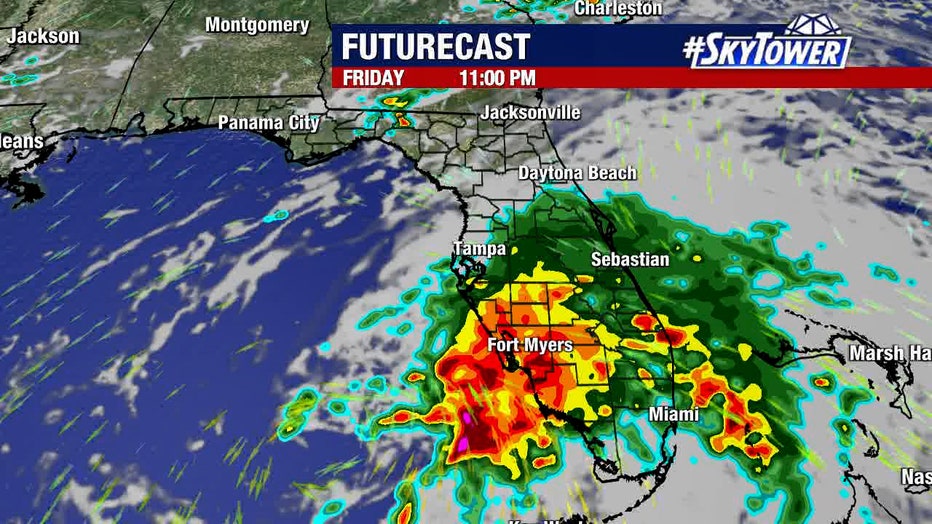 image shows prediction radar weather graphic of potential tropical cyclone one as it may appear at 11 p.m. Friday