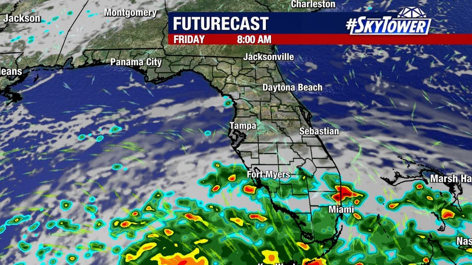 image shows prediction radar weather graphic of potential tropical cyclone one as it may appear at 8 a.m. Friday