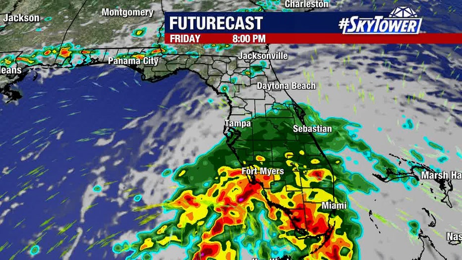 image shows prediction radar weather graphic of potential tropical cyclone one as it may appear at 8 p.m. Friday
