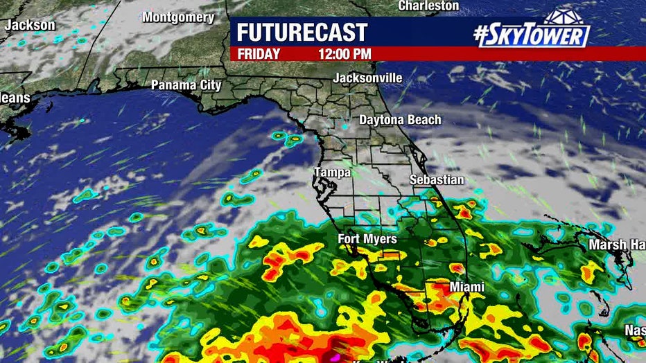 image shows prediction radar weather graphic of potential tropical cyclone one as it may appear at 12 p.m. noon Friday