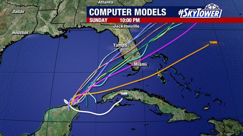 image shows computer generated weather graphic called a spaghetti model, which attempts to predict the path of a tropical storm or weather system. this model shows the storm going straight across florida, potentially from miami all the way up to pinellas county